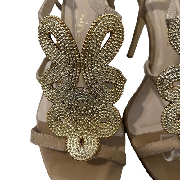 Guilhermina Anthropologie sandals heels Gold Beaded Taupe Suede Slingback Size 7 - Picture 4 of 11